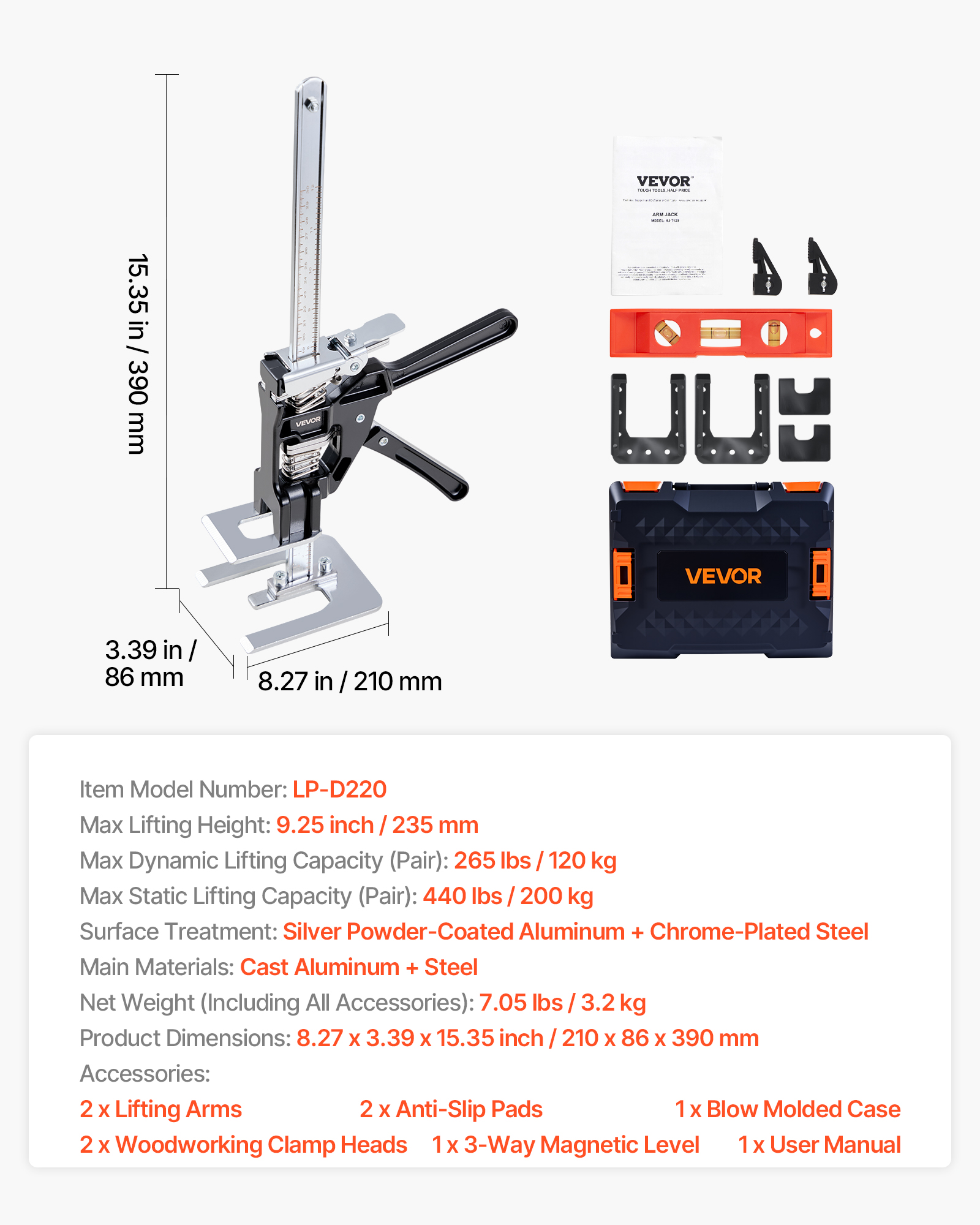 VEVOR Labor Saving Arm Jack, 2 PCS 440 lbs Bearing Capacity, Lifting up to 9.3", Metal Hand Lifting Jack Tool with Magnetic Level, 2 Adjustment Modes, for Door, Window, Furniture, Woodworking, Black
