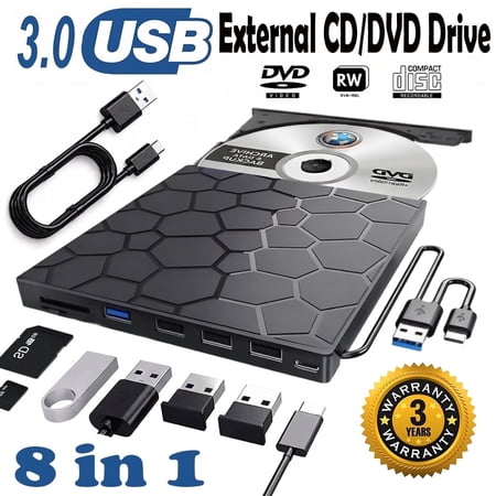 Huewind External DVD CD Drive, 8-in-1 USB 3.0 Type-C Portable Optical Drive for Laptop, PC, Mac, HP