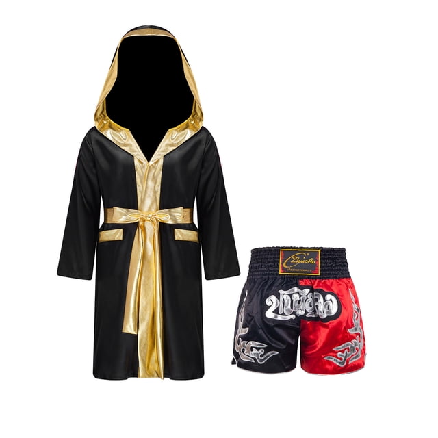iiniim Costume de Boxe pour Garçons Veste à Capuche avec Shorts Costume de Boxe Halloween Noir&Rouge 12
