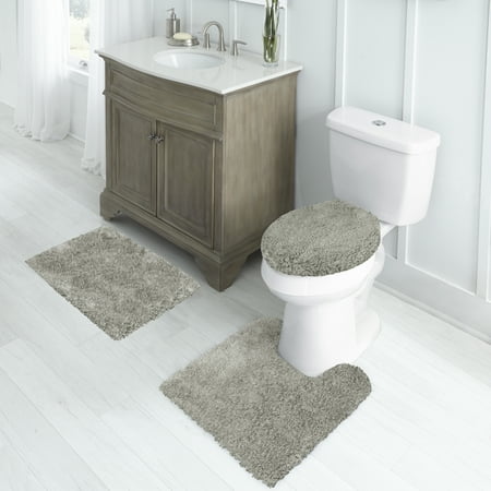 Better Homes & Gardens Nylon Thick And Plush 3-Piece Bath Rug Set with 17" x 24" Rug, Soft Silver