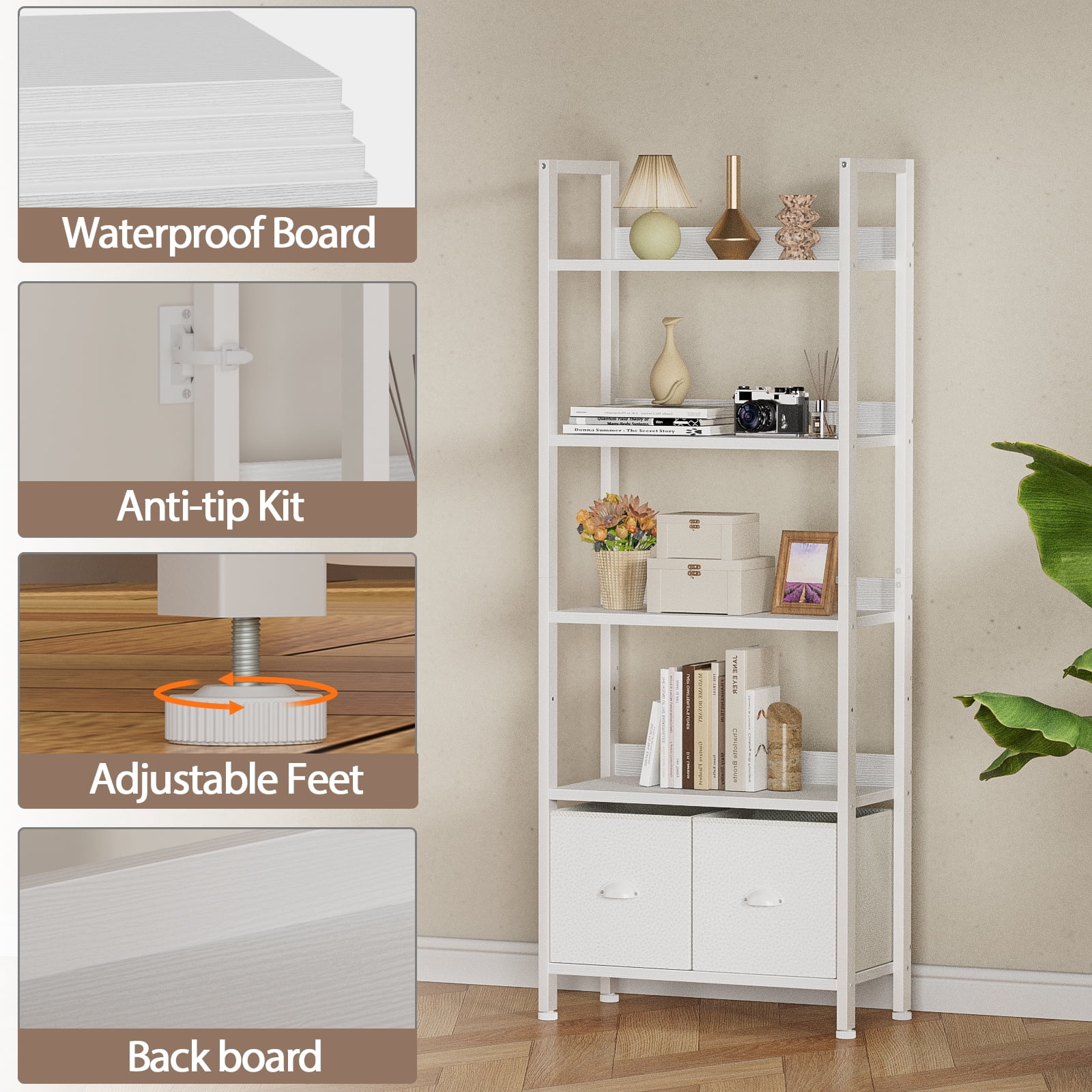 Satifur 5 Tier White Modern Bookshelf, Space-Saving Storage Rack with 2 Removable Drawers, Sturdy Structure for Bathroom, Home Office