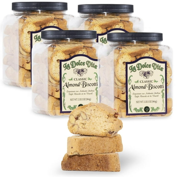 Nonni,S La Dolce Vita Almond Biscotti - 4 Tubs - 34Oz Of Biscotti Italian Cookies - Italian Biscotti Cookies - Biscotti Jar - Biscotti Packed W/California Whole Almonds - Perfect W/Coffee - Kosher