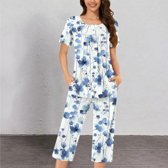 CLOISE Women Pajama Sets Two-Piece Comfortable Short Sleeve Sleepwear Blouses and Soft Capri Pants with Pockets Sleep Sets Casual Button Plisse Floral Graphic Classic Nightwear