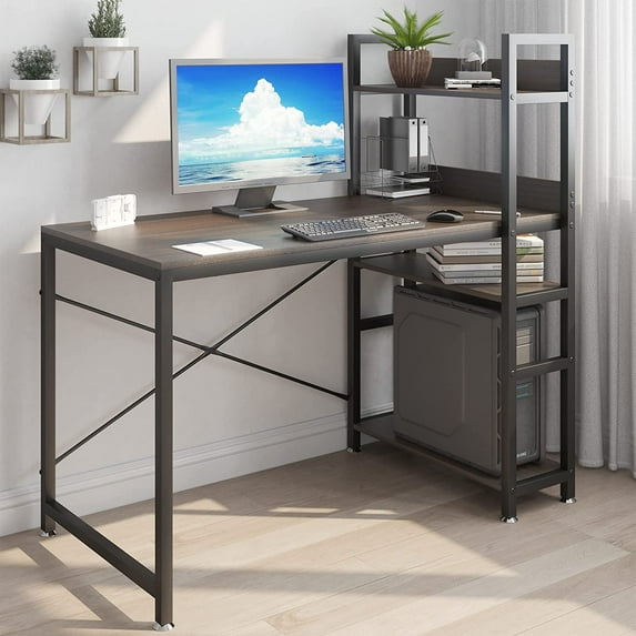 ZXNYH Small Computer Desk with Monitor Stand, 47 Inch Office Desk with CPU Shelf and Dual Storage Bookshelf for Small Space, Sturdy Writing Table with Keyboard Tray for Home, Natural