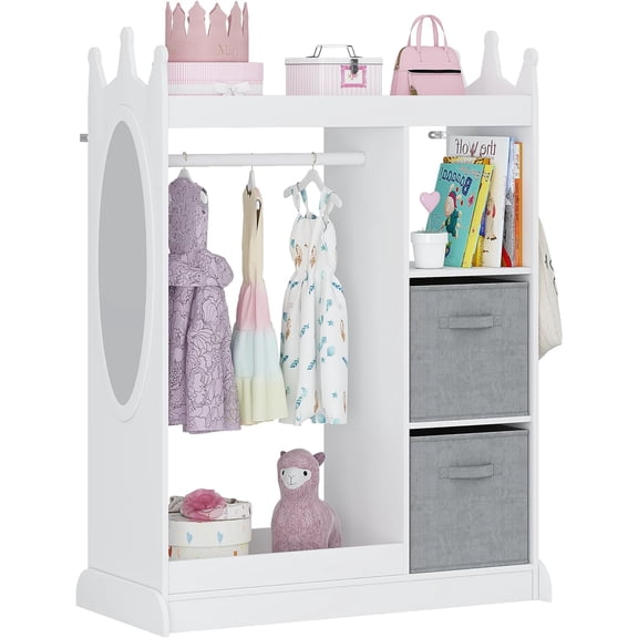 Kids Play Armoire with Mirror, Storage Bins and Closet for Dress Up and Costumes