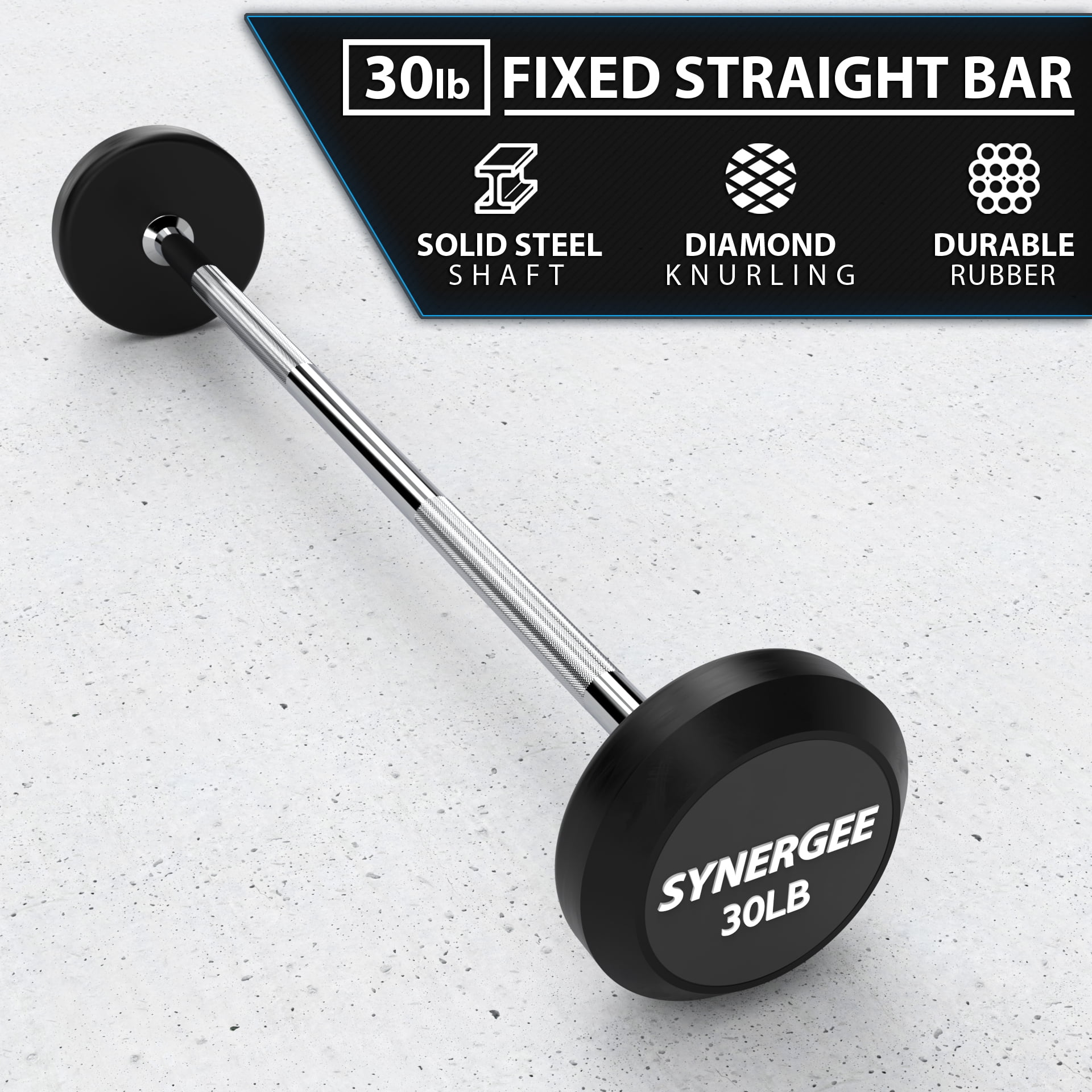 Synergee Fixed 30LB Barbell - Pre Weighted Straight Steel Bar with Rubber Weights - Fixed Weight