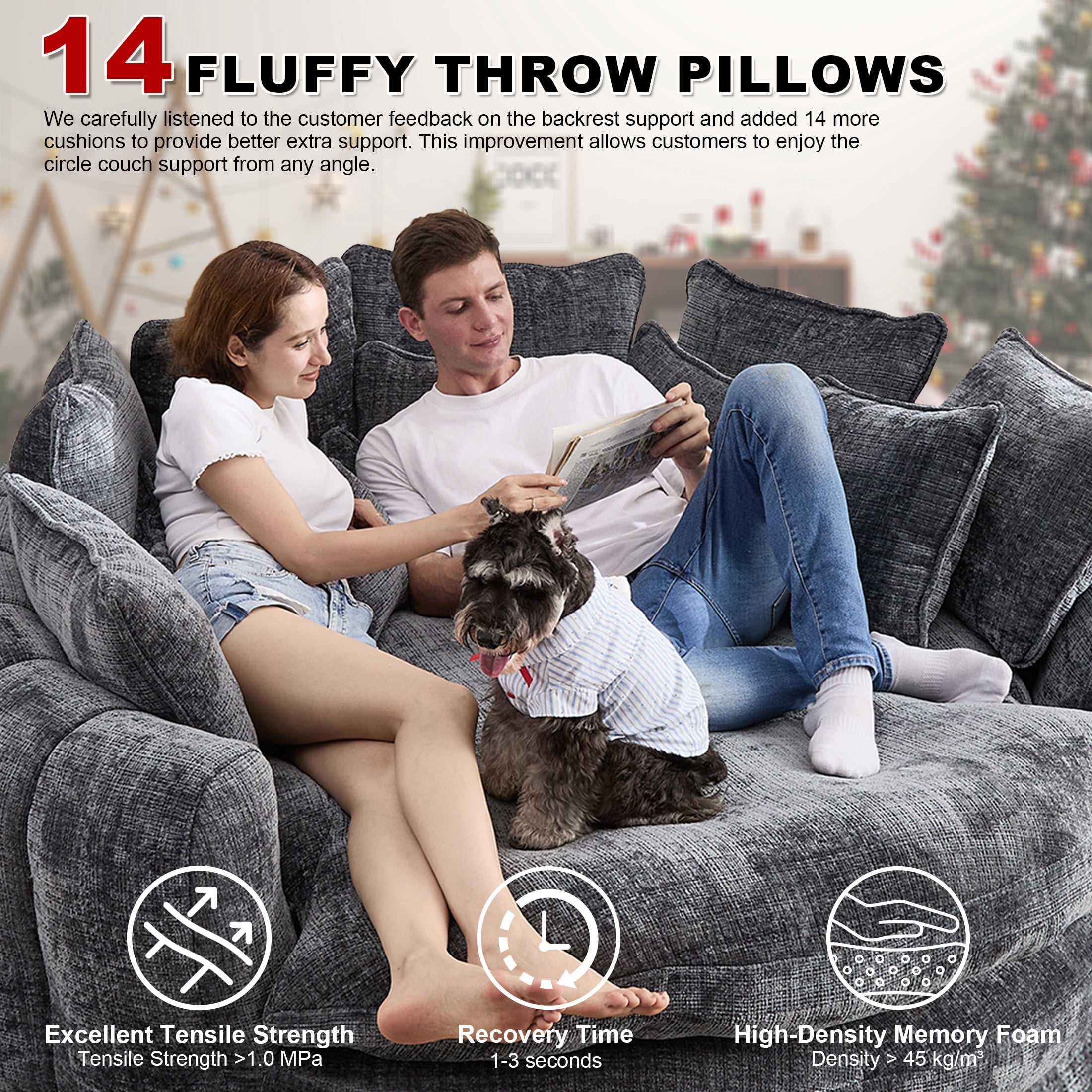 Aukfa 81.1" Oversized Cloud Couch Sleeper Sofa with Round Chaise Lounge, Modern Chenille Upholstered Boneless Sofa with Memory Foam and 14 Pillows, Dark Gray
