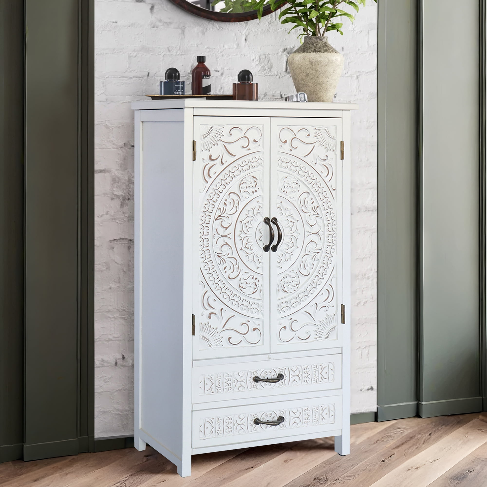 HIUU 48" White Storage Cabinet with Doors and Shelves,Farmhouse Kitchen Pantry Cabinet with Drawers,Bathroom Storage Cabinet with Chic Wood Grain
