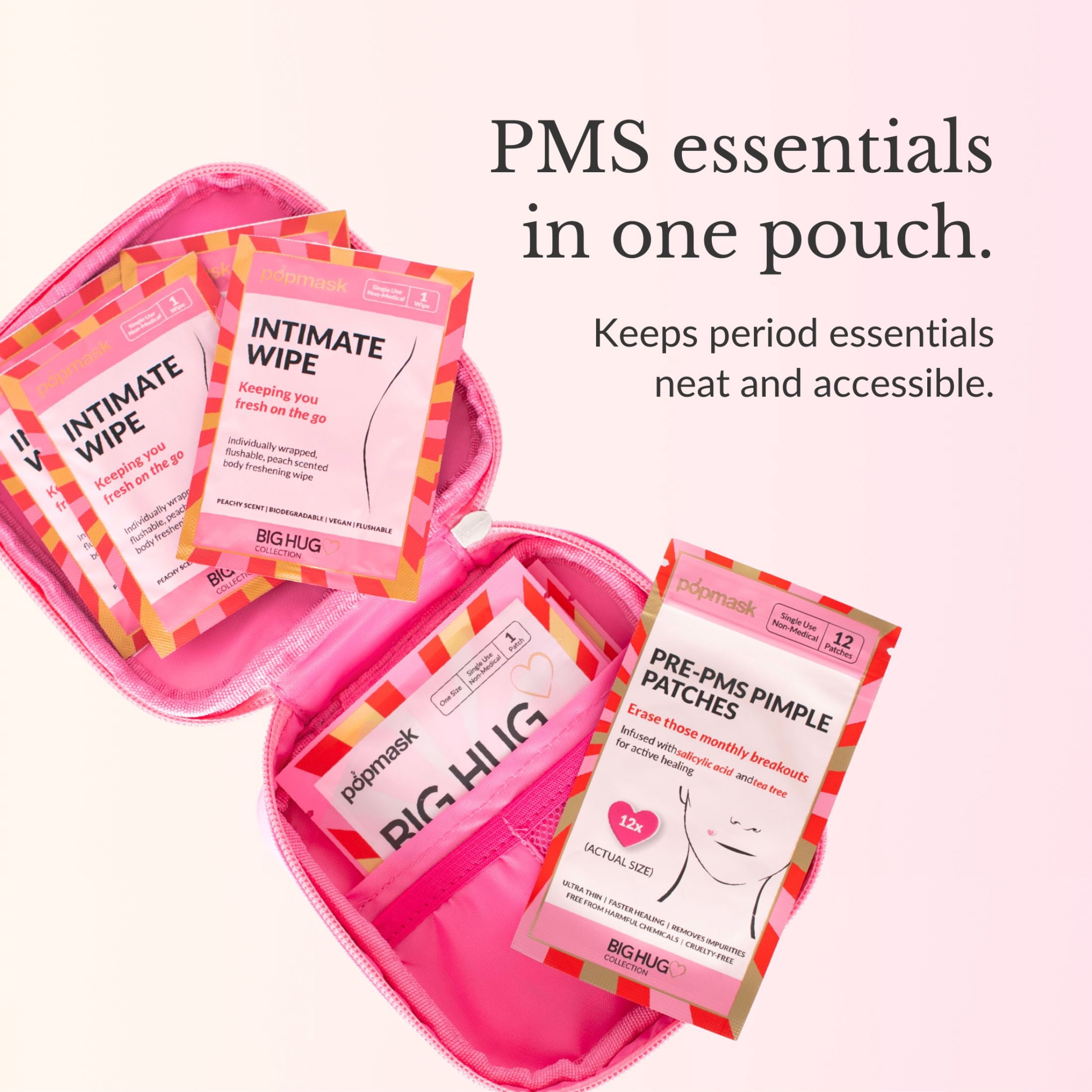 (2 pack) Popmask PMS Care Pouch – Big Hug Collection with 4 Self-Heating Cramp Patches, 12 Pimple Patches, and 4 Intimate Wipes