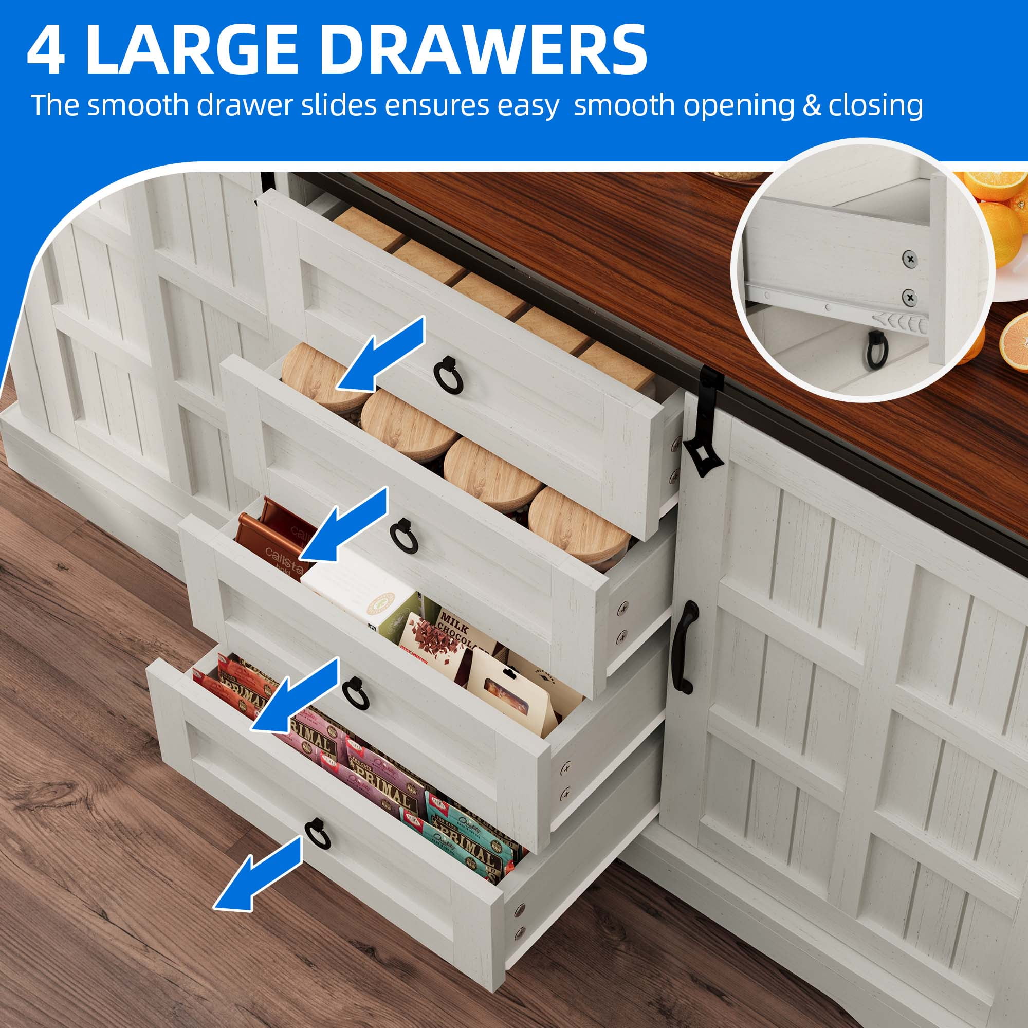 Uforic 59" Farmhouse Sideboard Cabinet, Kitchen Storage Buffet Cabinet with Doors & Drawers & Adjustable Shelves, White