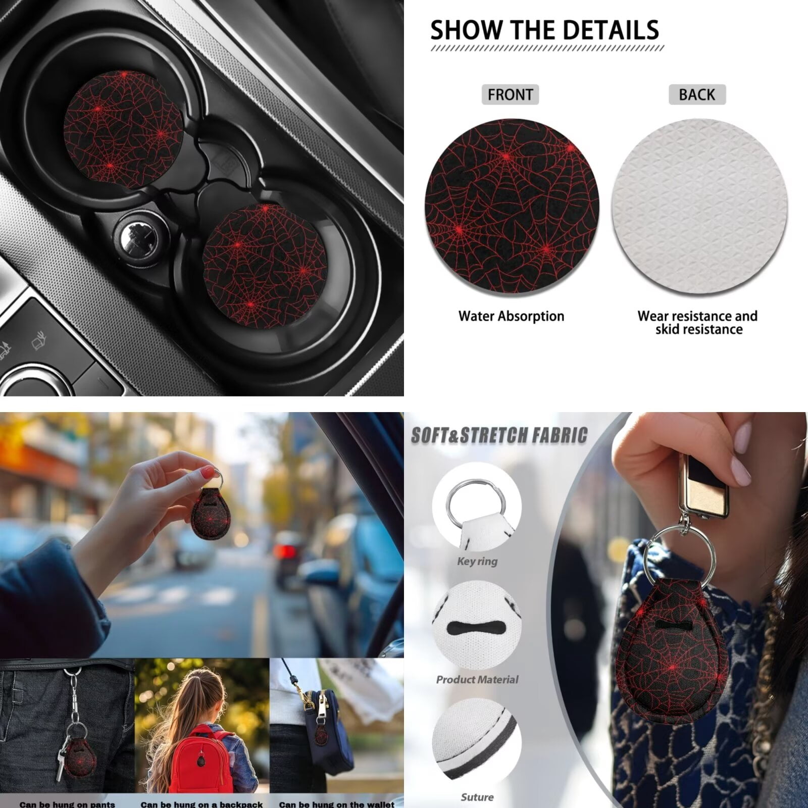 Garronmavis Red Spider Web Car Accessories Set of 13 Pieces Including Front and Rear Seat Covers Armrest Pad Steering Wheel Cover Seat Belt Cover Keychain Lipstick Cover Coasters