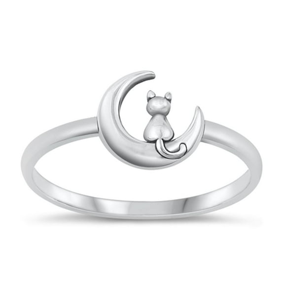 Beautiful Cat & Moon Ring .925 High Polished Sterling Silver Band Jewelry Female Male Unisex Size 7