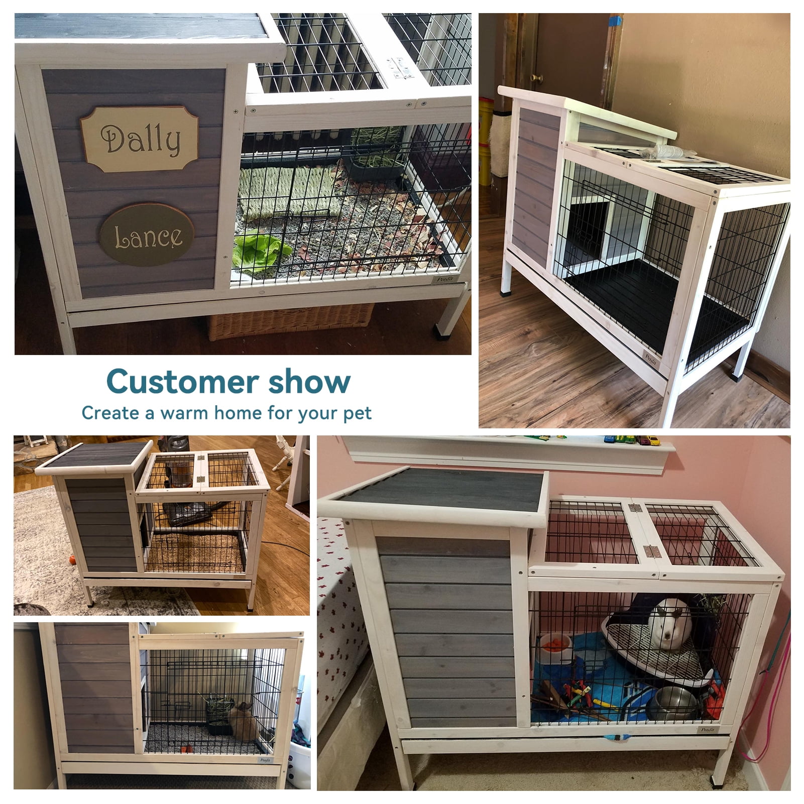 PETSFIT Guinea Pig House Leak Proof Design, Spruce Wood Rabbit Hutch with Bottom Net Hideout for Rest and Ramp for Enter and Out Solid Gray