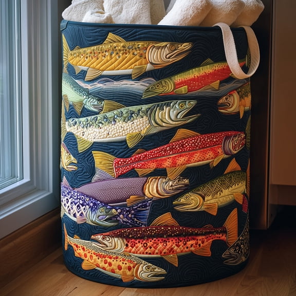 Playful Trout Quilted Laundry Basket