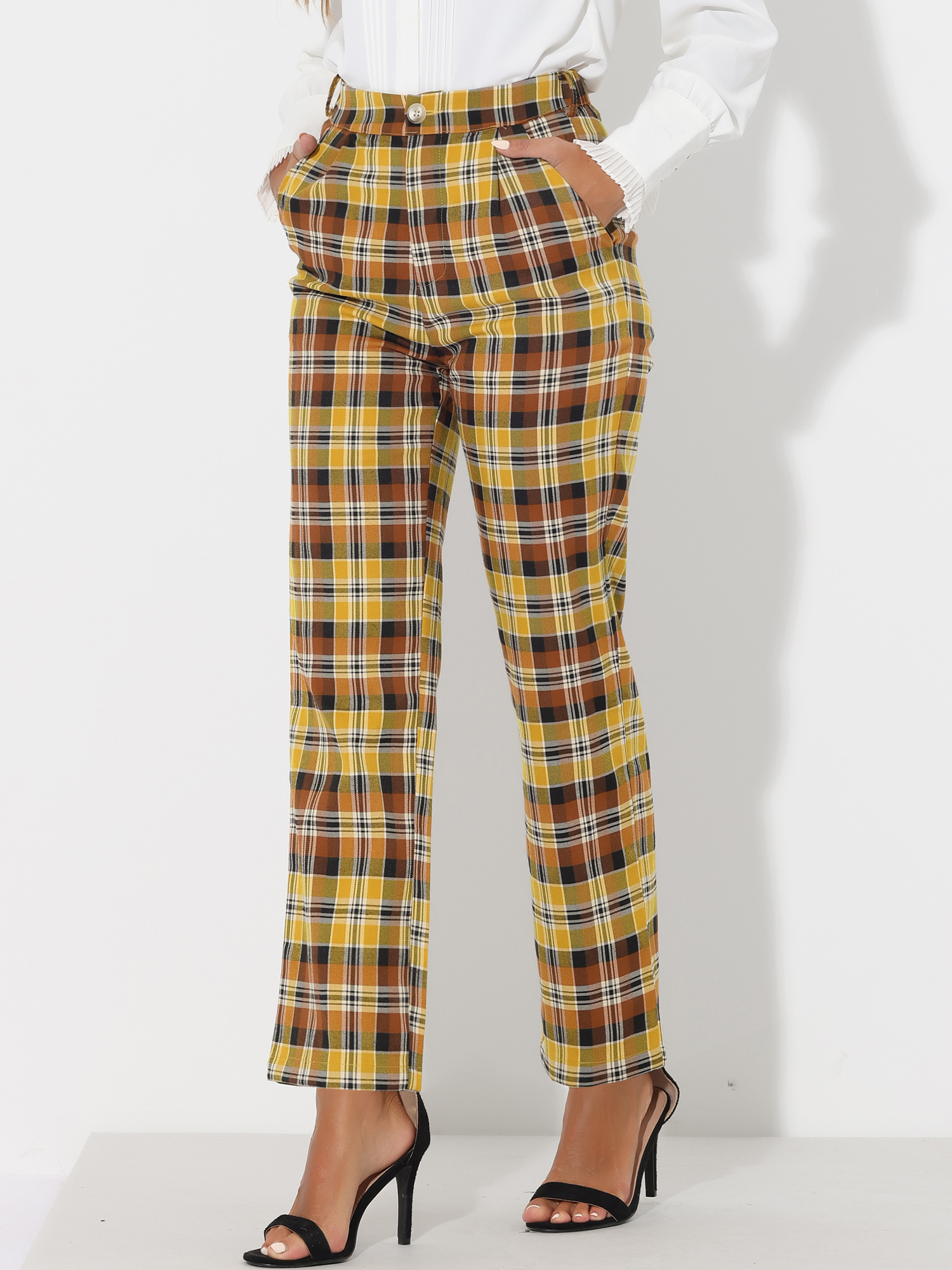DARING DIVA Women's Plaid Trousers Pockets Straight Leg Casual Pant M Yellow
