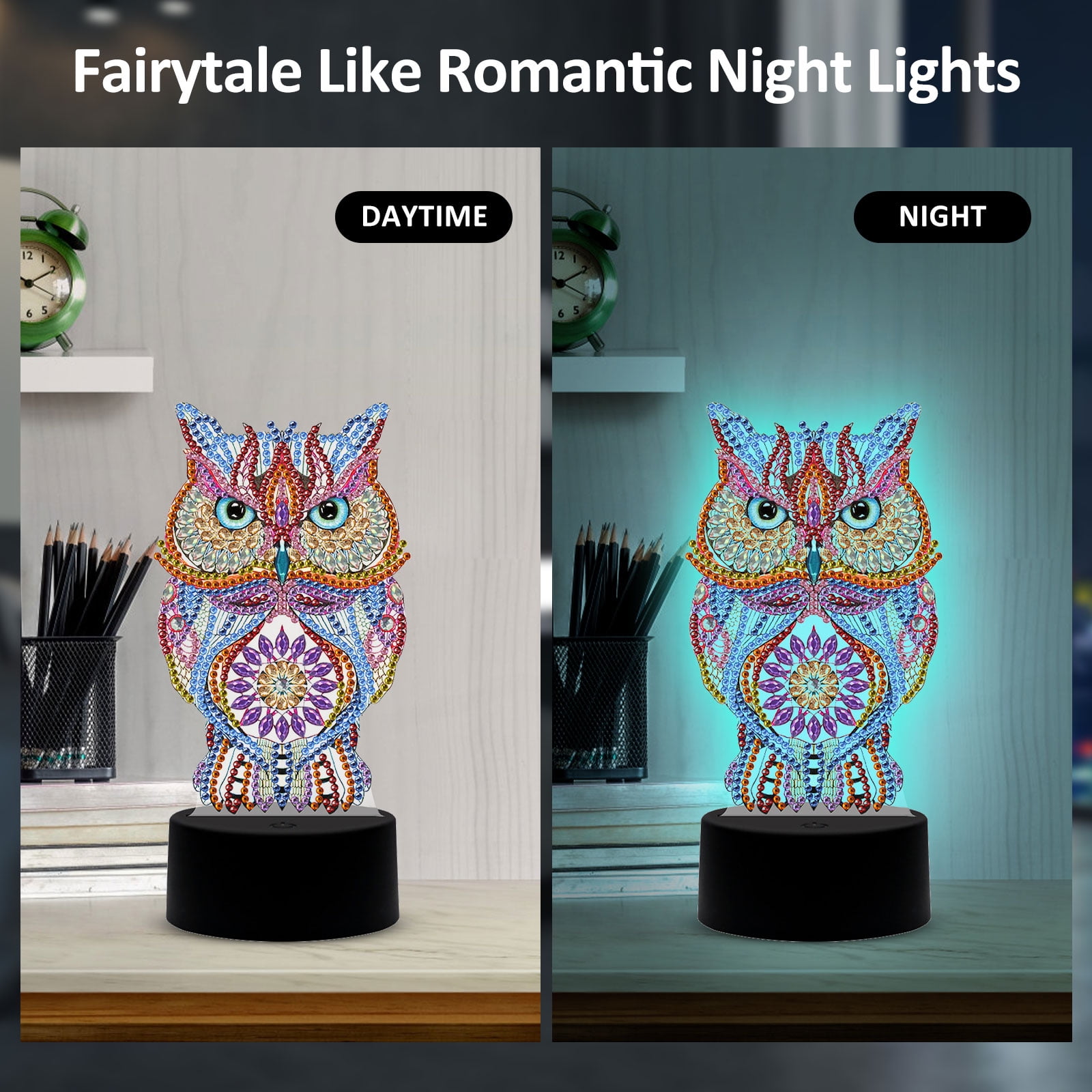 DIY Fireworks LED Diamond Painting Light Halloween Cross Stitch Embroidery  Lamp Owl Pattern Special Drill Rhinestones Home Decor