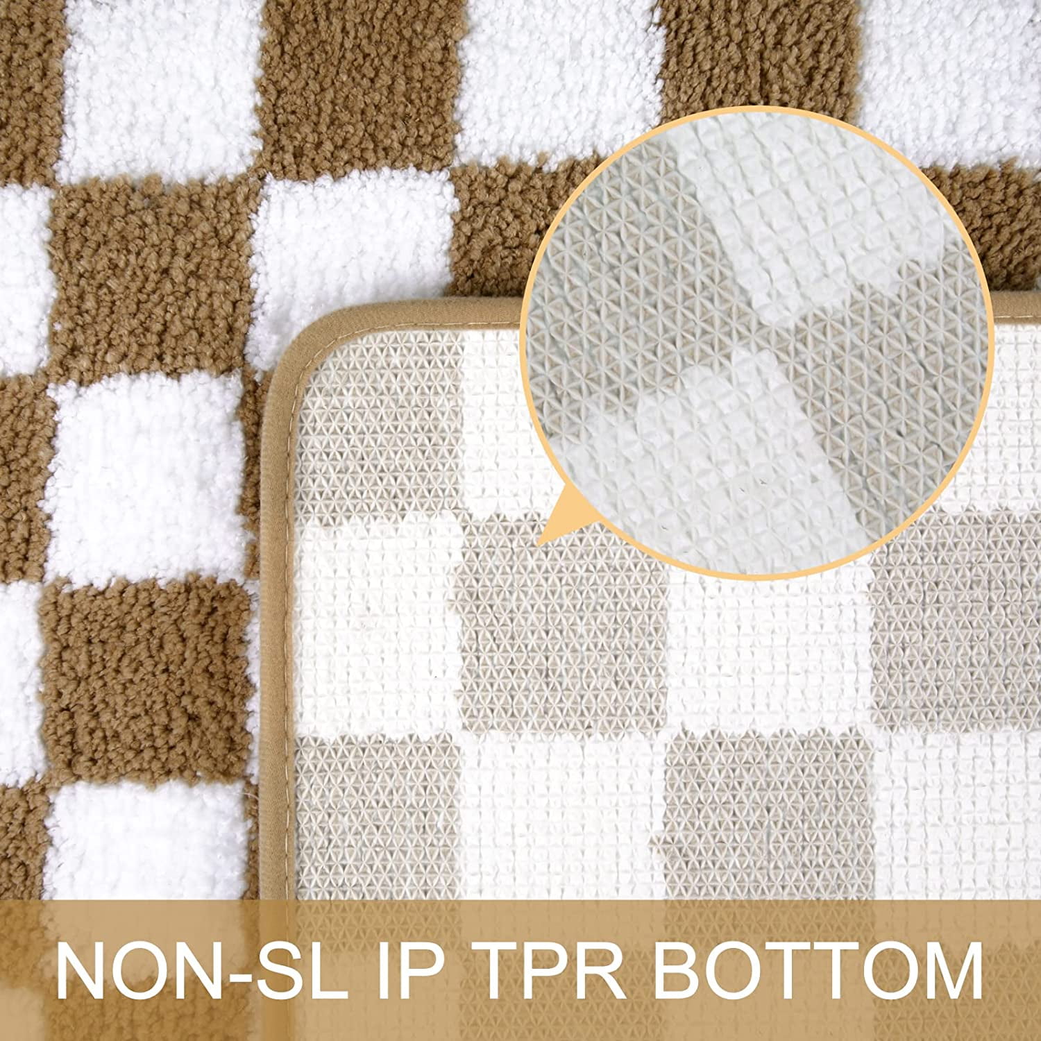 Checkered Bathroom Rugs, Khaki Non Slip Water Absorbent Bath Mat, Luxury Machine Washable Bath Rug Soft Microfiber Geometric Shag Floor Mats for Indoor Shower Bathtub Entryway, 16"x25"