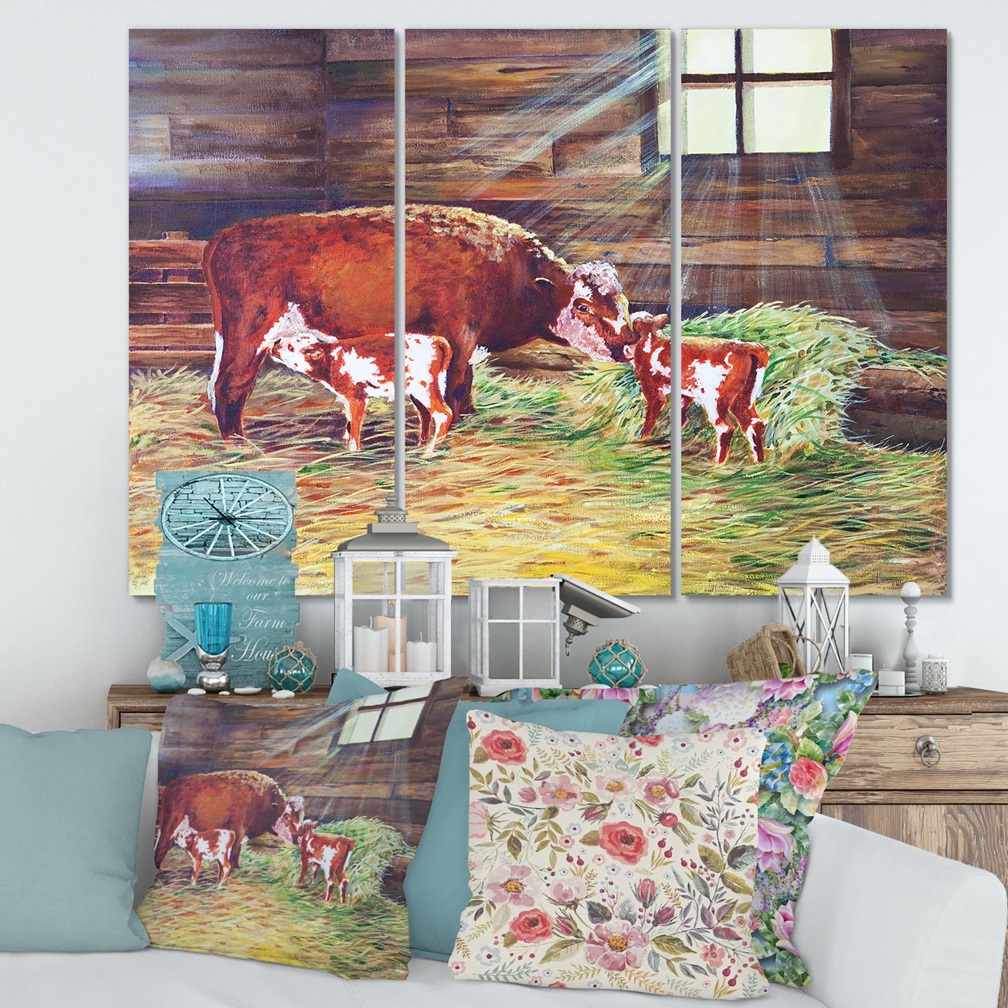 Designart ' Newborn Twin Calves With Cow At The Farm ' Farmhouse Canvas Wall Art Print