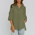 thumbnail image 2 of Fanxing Womens V Neck Linen Shirt 3/4 Sleeve Shirts Solid Color Comfy Tops Summer Casual Dressy Tunic Blouses Army Green,L, 2 of 8