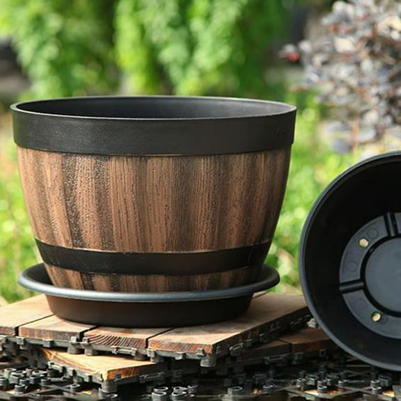 Faux Whiskey Barrel Plastic Plant Pot – Indoor Outdoor Flowerpot for Home Garden Yard & Patio Decor
