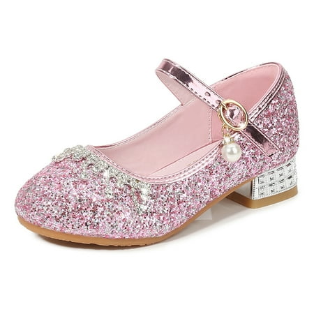 

Girls Mary Jane Princess Shoes Glitter Rhinestone Low Heels Dress Shoes For Wedding Party Dancing Performance