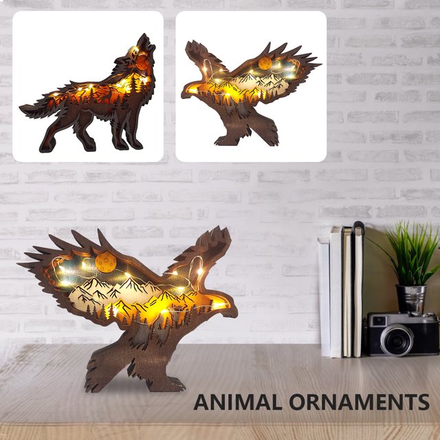 Muyoka Escultura animal de madera retro del recorte animal del bosque de madera hueco 3D con la decoración de la oficina en casa de la luz del LED Muyoka Hogar