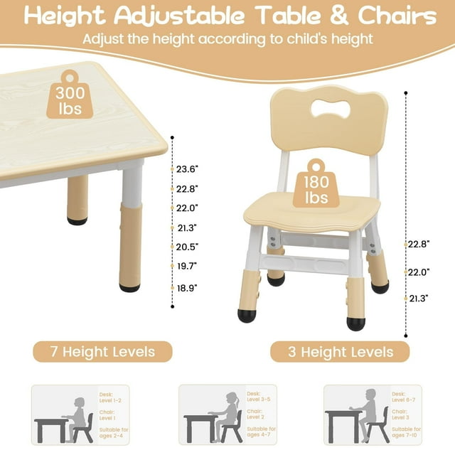 GloryStar Toddler Table and 4 Chairs Set with Graffiti Desktop, Height Adjustable Kids Table and Chairs Set with Storage, Non-Slip Legs, Kids Activity Table for Home, Nursery,for Age 2-10