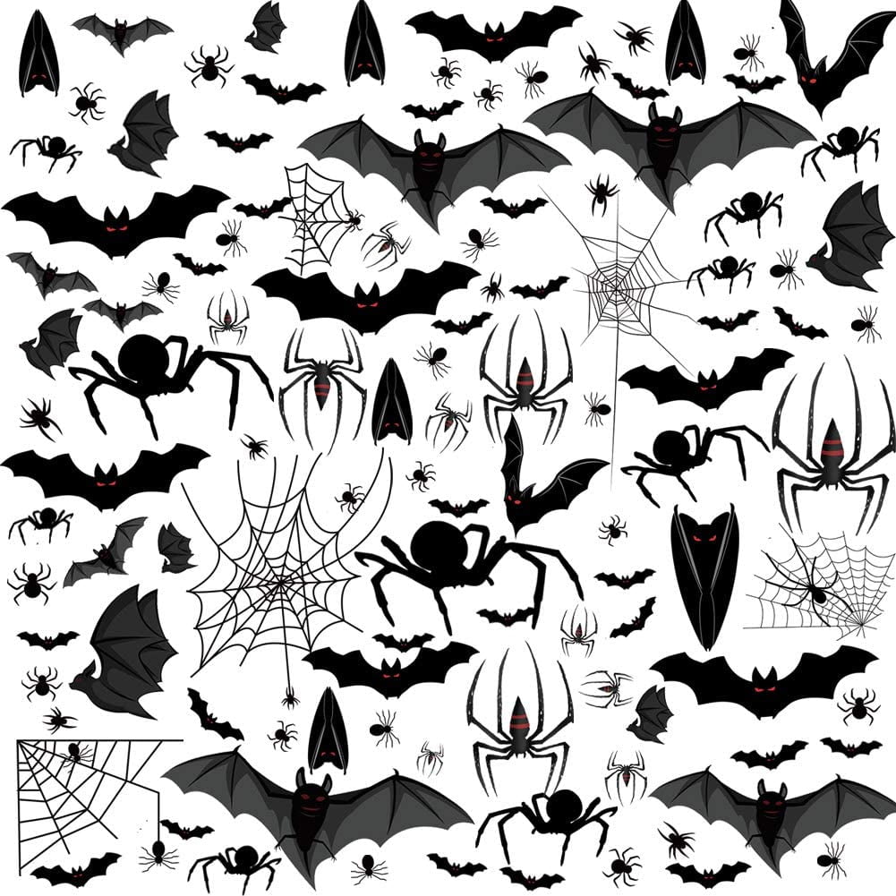 113 PCS Halloween Window Clings Decals, Black Bats Spiders and Webs Halloween Window Stickers for Windows Glass Walls, Window Sticker Decorations Party Supplies (4 Sheets)