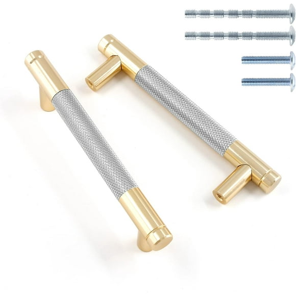 HSHDLDF 12 Pcs 3-3/4 Inch Knurled Cabinet Pull, Gold & Grey Aluminum Drawer Pulls, Kitchen Cabinet Door Handle, Modern Cabinet Handles Pull for Dresser Drawers (5" Length, 3 3/4" Hole Spacing)