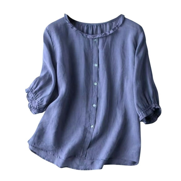 Eiyaclvo Cotton Linen Button Down Tops for Women 3/4 Sleeve Crew Neck Solid Color Tees Vintage Shirts Casual Loose Fit Clothes