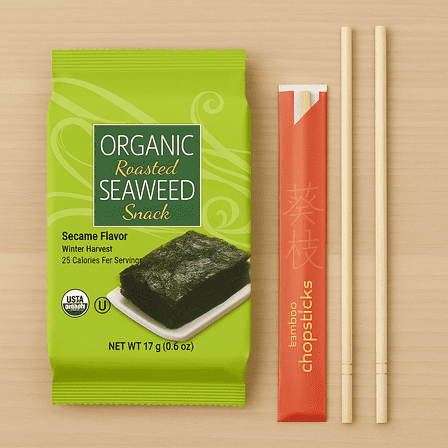 Organic Roasted Nori Seaweed Snack 5-Pack   2 Chopsticks – Sesame, USDA Organic, Vegan, Low Calorie