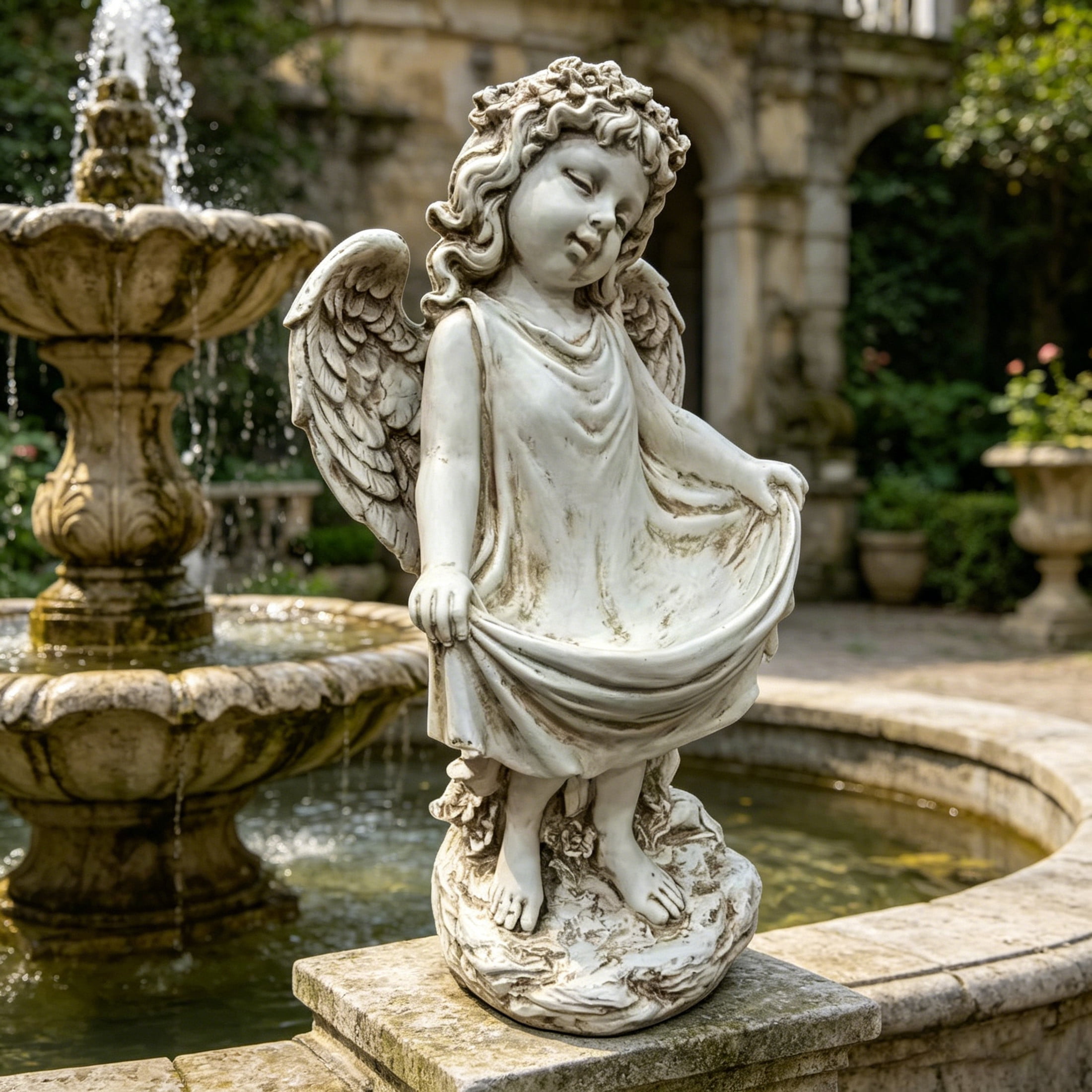 GDF Studio Weathered Angel Cherub Garden Statue, Vintage Off-White Resin Sculpture Figurine, Outdoor Yard Lawn Decor