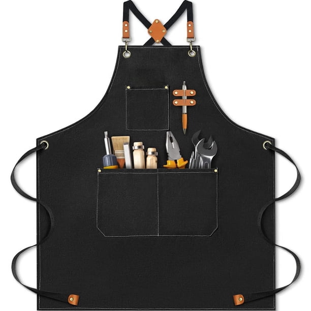 Delantal de Chef para Hombre, Delantal de Lona de AlgodóN Resistente con Espalda Cruzada con Correas Ajustables y Bolsillos, Color Negro
