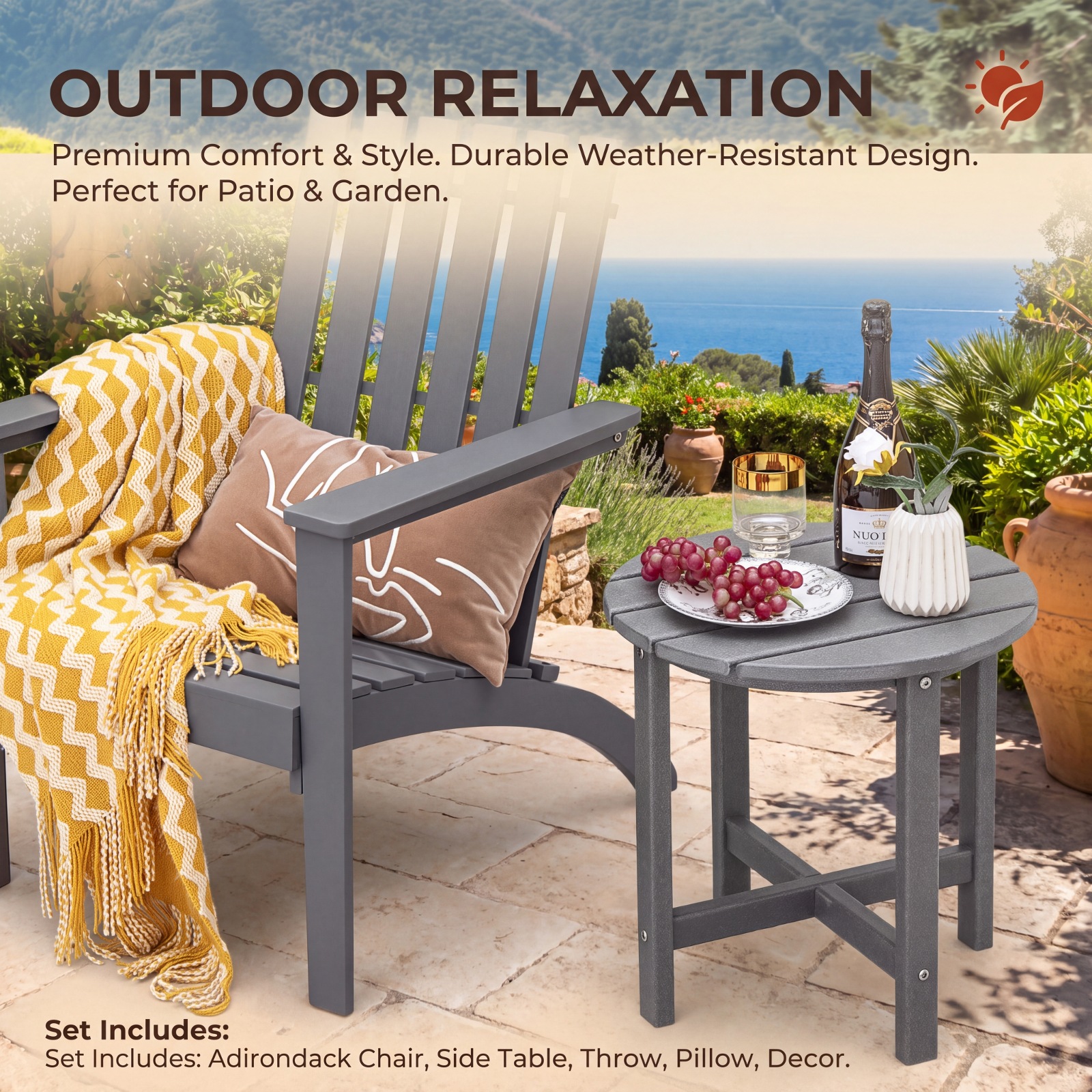 Furnibear 18 Inch Round Weather Resistant Adirondack Outdoor Side Table with Slatted Top for Patio Deck and Garden Seating, Gray