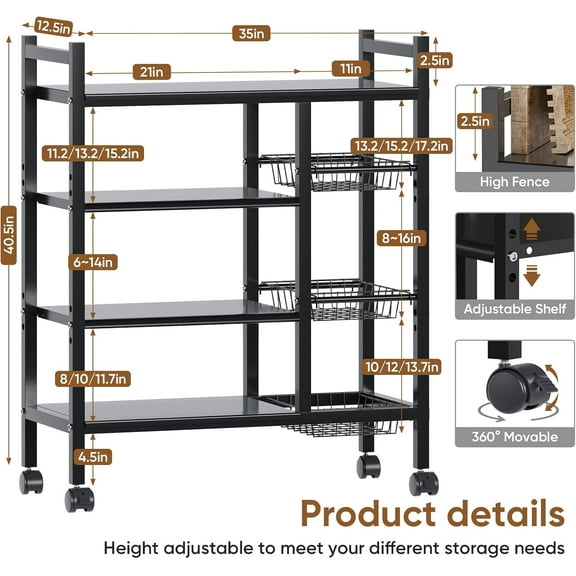 Kitchen Storage Bakers Rack with Wheels - Adjustable 4-Tier Microwave Stand with Shelves, Metal Kitchen Cart for Pantry