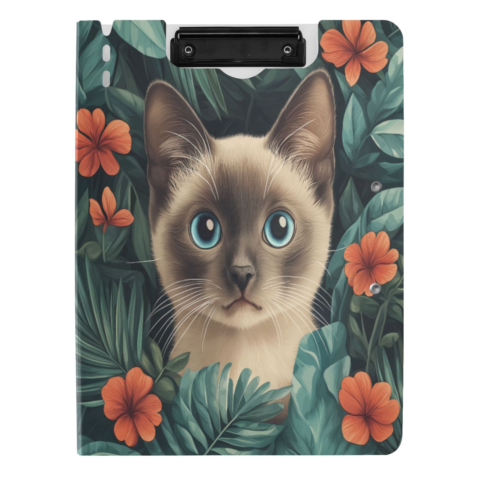 FORMRS A4 Clipboard Folder with Pen Holder Horizontal Foldable School Office Binder, Flowers and Cat