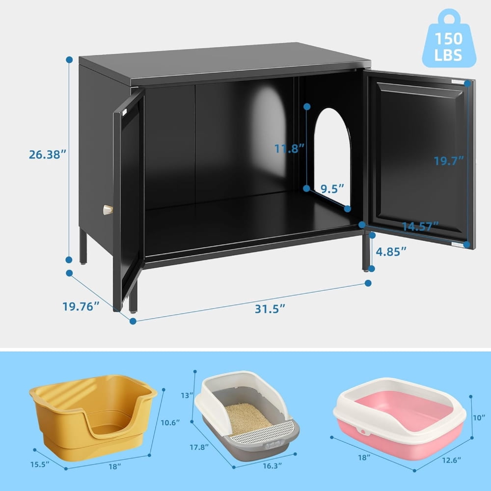 Metal Cat Litter Box Furniture with Barn Door, Fits Most Litter Boxes, Black, Assembly Required