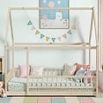 thumbnail image 2 of Queen Size Montessori Floor Bed Frame with Slats and Fence, Wooden House Bed for Boys Girls Bedroom, Natural, 2 of 7