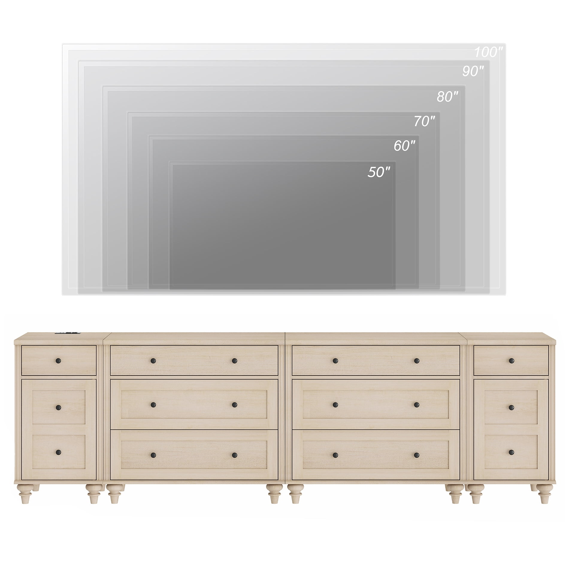 WAMPAT Farmhouse TV Stand for 100 Inch TV, 3-in-1 TV Console Table with 8 Drawers and 2 Storages, Entertainment Center with Charging Station for Living Room, Beige