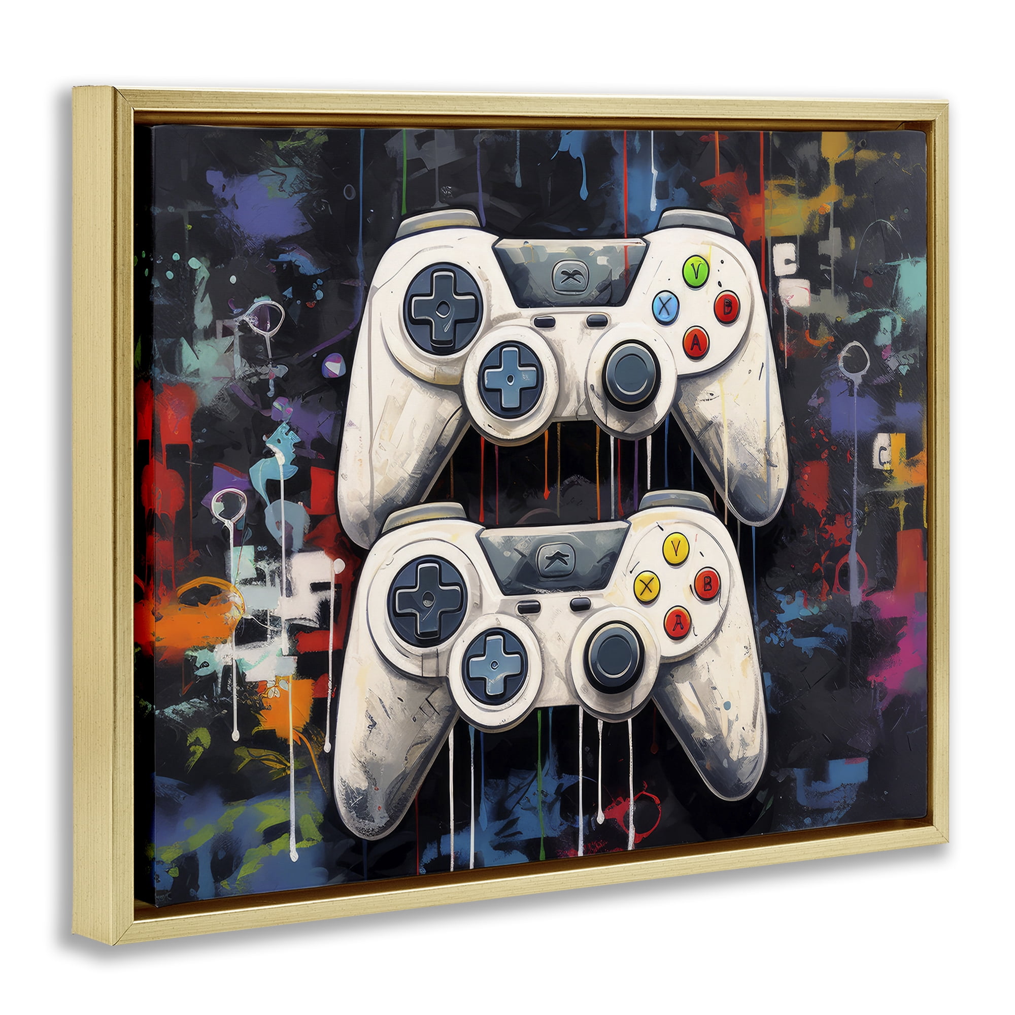 Stupell Industries Joystick Journeys with Paint Splatter Gold Framed Floater Canvas Wall Art, design by Lazar Studio