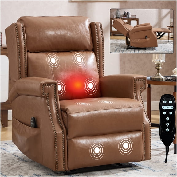 JERFIT Massage Recliner Chair with Heat, 155° Zero Gravity Lounger, PU Leather Manual Reclining Chair with Vibration & Lumbar Heating for Living Room, Camel