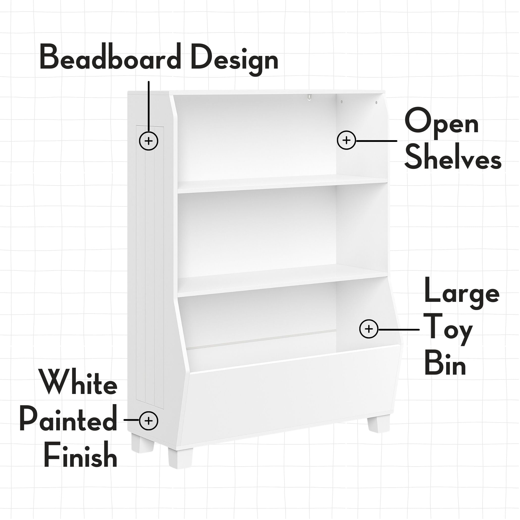 RiverRidge Kids 34in Playroom Bookshelf with Toy Bin Organizer and 2 Open Shelves - White