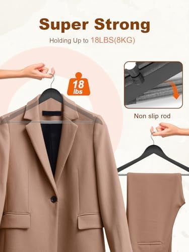 Black Wooden Hangers 20 Pack, Solid Wood Hanger with Non Slip Pant Bar, Heavy Duty Wooden Coat Hanger for Closet, Smooth Finish Wood Clothes Hangers for Shirts, Suits, Jackets, Dress