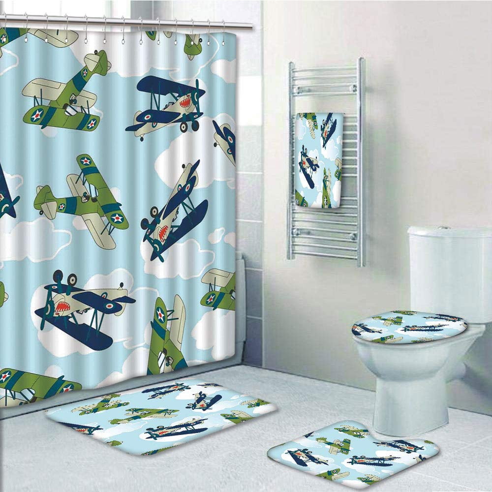 Erehome Vintage Allied Plane Flying Cartoon Children Kids Repeating Toys Shark Teeth 5 Piece Bathroom Set Shower Curtain Bath Towel Bath Rug Contour Mat And Toilet Lid Cover Walmart Canada