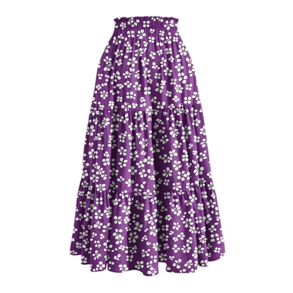 ibiyuan High Waisted Skirts For Women Women's Summer Skirt Flowy Boho Tiered Pleated A-Line Floral Print High Waist Casual Long Skirt
