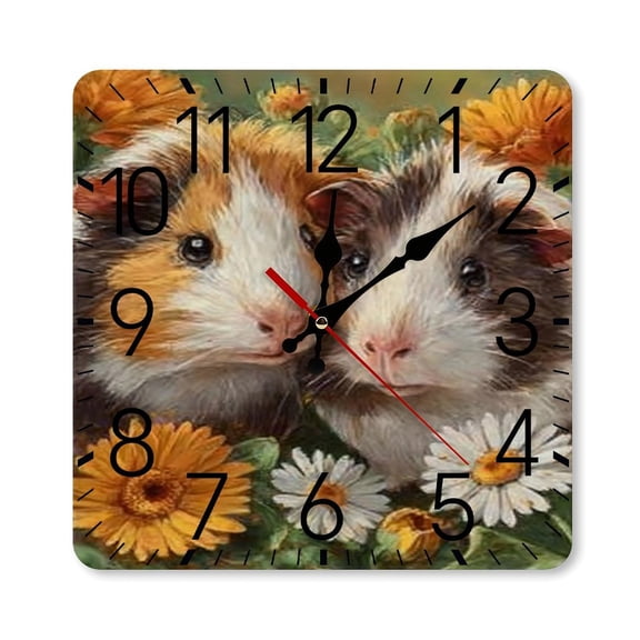 RKSupls 1010inch Square Silent Wall Clock Wooden Frame, Guinea Pigs Flowers Scale Decorative Clock for Home Bedroom Living Room Office