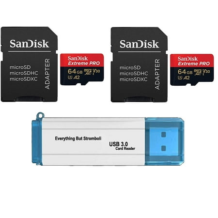 SanDisk 64GB Micro SDXC Extreme Pro Memory Card (Two Pack) Bundle Works with GoPro Hero 7 Black, Silver, Hero7 White UHS-1 U3 A2 with (1) Everything But Stromboli (TM) 3.0 Micro/SD Card