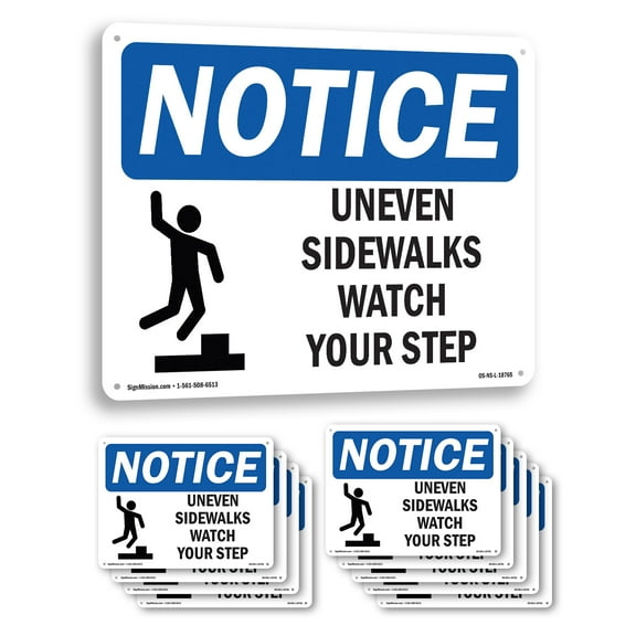 Uneven Sidewalks Watch Your Step OSHA Notice Aluminum Sign 10 Inch x 7 Inch - 10 Pack