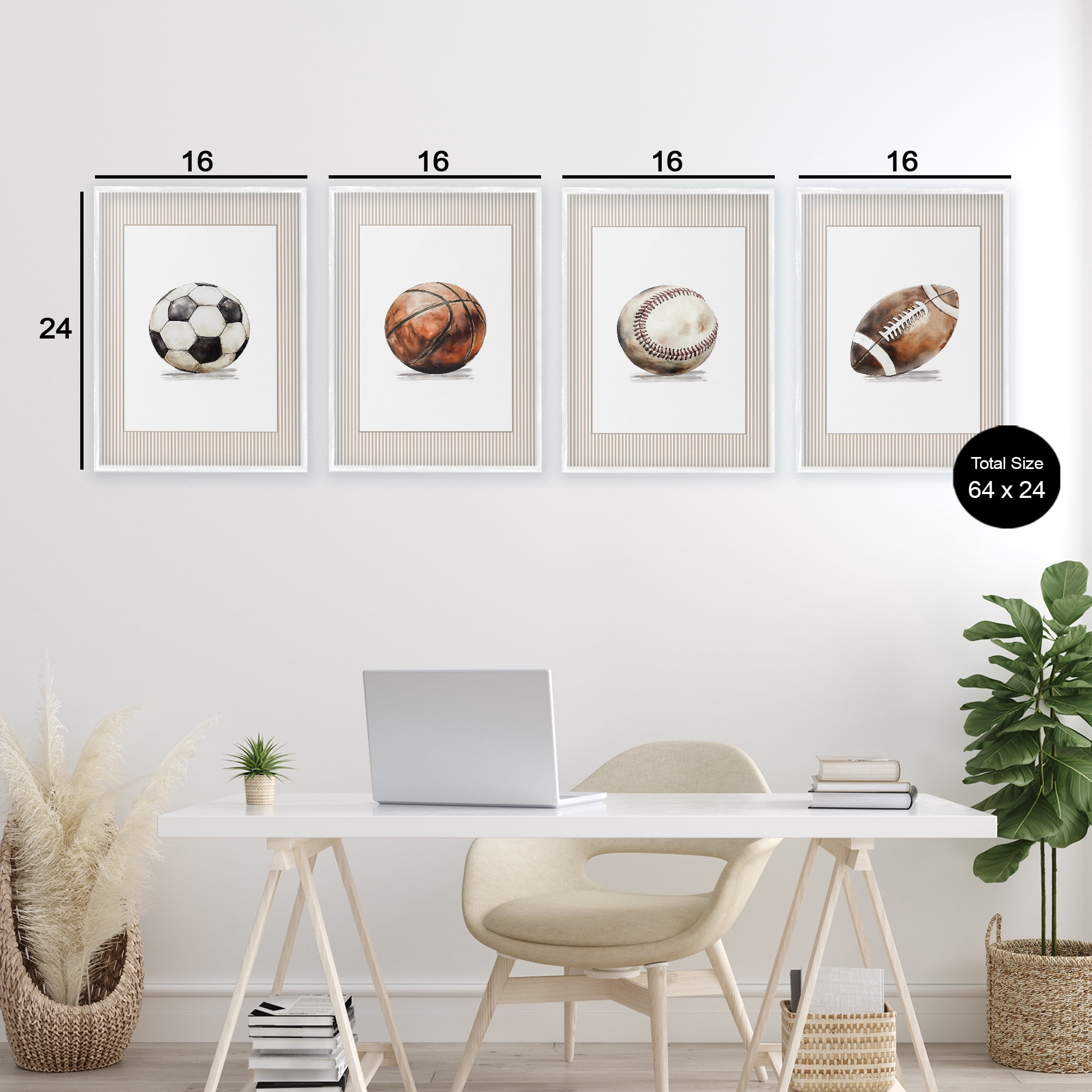 Stupell Industries Vintage Sports Beige Stripes 4 Piece White Framed Giclee Art Set, design by Christine Simpson Art