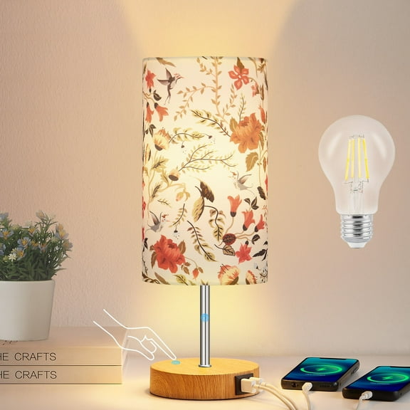 Cinkeda 15" Touch Control Single Small Table Lamp with Dual USB Ports Floral Print Shade 3-Way Dimmable Bedside Nightstand Lamp for Bedroom Living Room (1 Bulb)